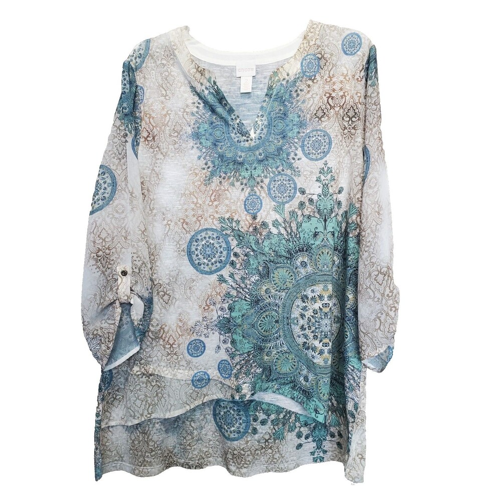 Chico's Mixed Media Mandala Paisley High-Low Hem V-Neck Tunic Size 2 Large